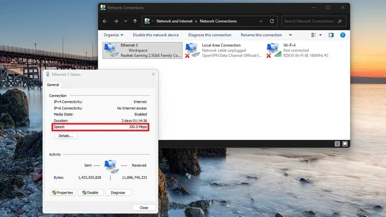 Windows Ethernet Status window showing the connection speed highlighted at 100 Mbps, with Network Connections open behind it.