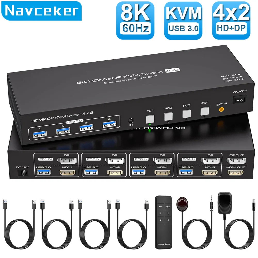 Navceker 8K HDMI/DP KVM — переключатель для четырех компьютеров
