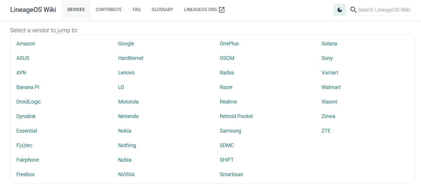 Список брендов, поддерживаемых LineageOS