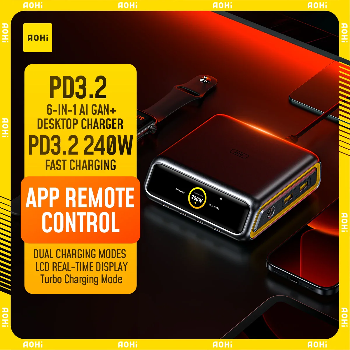 AOHi 280W GaN+ — настольная зарядная станция с шестью портами