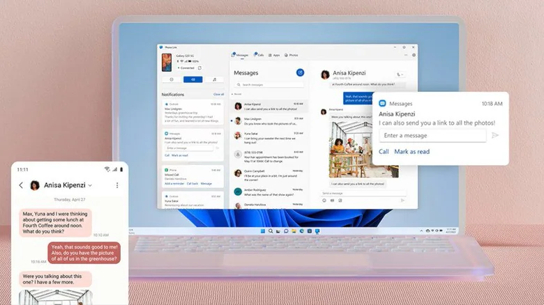 Windows 11. Концепт Phone Link на прозрачном ноутбуке, вокруг которого появляется приложение windows.