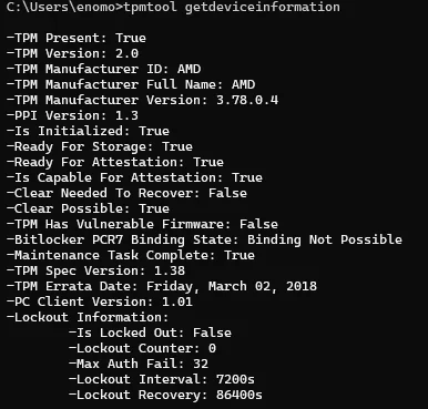результат команды TPMTOOL GetDeviceInformation для TPM 2.0 в Windows 11.